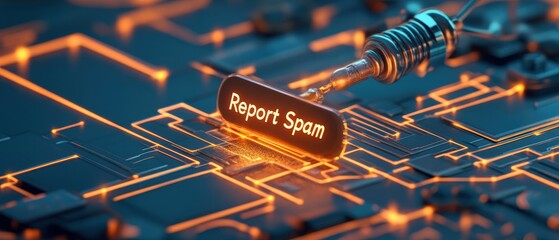 Button shows Report Spam on glowing circuit board with connection tool. Data security. Network. Digital age. Protection. Cybersecurity Awareness concept.
