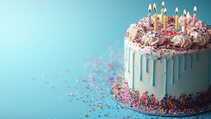 Festive birthday cake with lit candles on a blue background