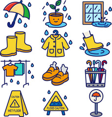 Rainy Season Essentials – 12 Colorful Vector Icons for Wet Weather and Safety Situations