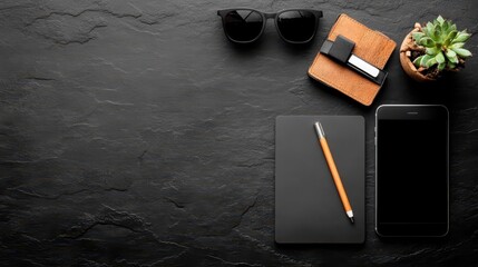 Dark surface shows sunglasses, wallet, succulent plant, notepad, pen and mobile. Modern workplace. Blank screen of phone. Concept of cybersecurity awareness.