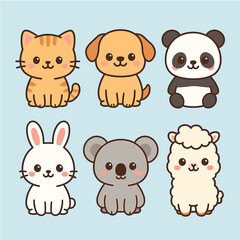 Kawaii Cute Animals Collection – Fullbody Cartoon Pets in Flat Style