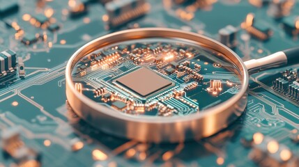Magnifying Glass Examines Circuit Board Technology. Close View of Integrated Microchip for Cybersecurity Awareness. Data Scrutiny on Digital System.