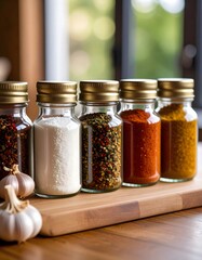 Spice jars with colorful spices and garlic on a wooden cutting board