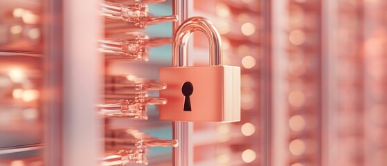 Metal Padlock Secures Server Rack. Cybersecurity Awareness Concept for Online Safety. Data Protection with Locked System Access. Close up.