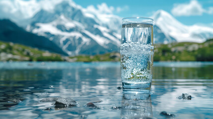 Glass of pure natural water against background of lake and snow-capped mountain peaks. Creative advertising of healthy natural water. Close-up. Copy space for text.