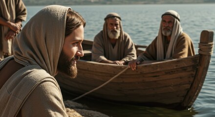 Man, also known as Jesus Christ, talking with two men sitting in fishing boat on water. Christian biblical concept.