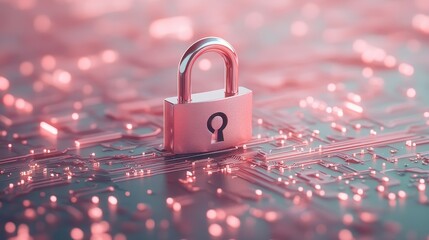Padlock Rests on Glowing Circuit Board Representing Cybersecurity Awareness, Digital Safety Concept, Abstract Background