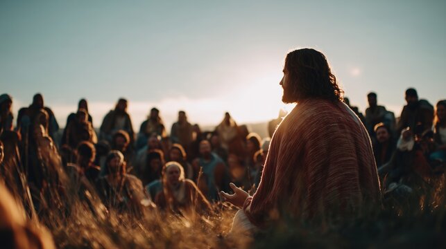 Jesus teaches a crowd in a field at sunset, sharing wisdom and stories of faith and love to inspire his followers