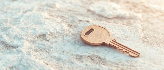 Simple Key rests on rough stone. Represents security. Concept relating to Cybersecurity Awareness.