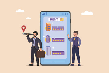 Digital Property Search and Rental App Concept: Two Men Engaging with a Mobile Application for Real Estate Listings, Showcasing Rental Opportunities with Ratings and Search Functionality.