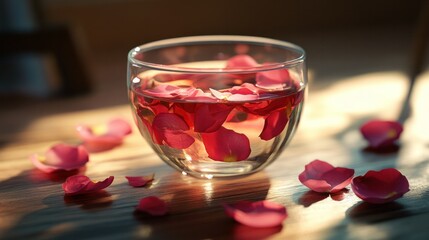 Clear glass bowl filled with water and floating rose petals on a wooden surface with scattered petals, sunlight streaming in, creating a warm and romantic atmosphere
