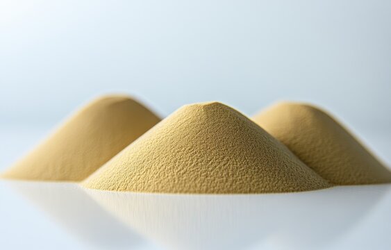 Three conical piles of light beige powder on a white surface, reflecting the powder's texture