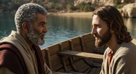 Jesus talks with an old man in a boat on the water, portraying a biblical scene from ancient times.