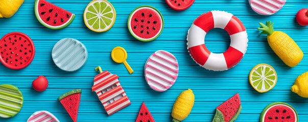 Summer Fun: Vibrant Fruit and Beach Toys on Blue Wood