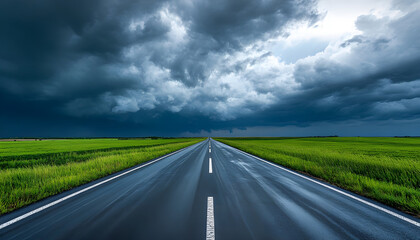 Fototapeta premium Dramatic storm clouds over an empty highway through green fields