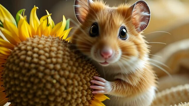 Cute golden hamster holding a sunflower on warm blurred natural background, adorable pet portrait concept