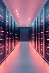 Server room corridor with rows of computer servers. Red lights blink in the dark space. Cybersecurity Awareness concept for data protection
