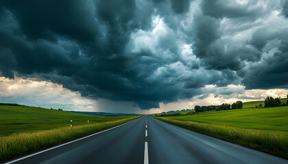 Dramatic storm clouds over an empty highway through green fields