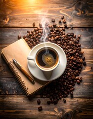 Steaming Coffee Cup with Notebook and Coffee Beans on Wooden Table