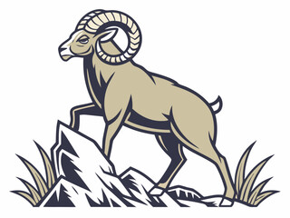 Powerful ram atop a mountain, showcasing strength and ambition.