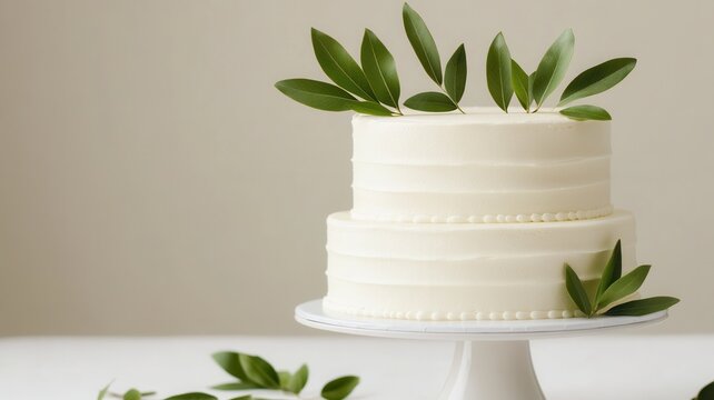Elegant white two tier wedding cake featuring delicate olive on garnish, resting branch stand against clean background