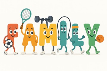 Fototapeta premium Colorful cartoon letters spelling 'FAMILY' with playful faces, holding sports equipment like a soccer ball, tennis racket, and basketball.