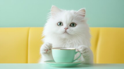 Adorable fluffy white kitten with piercing blue eyes sitting at a table holding a pastel turquoise teacup in a modern colorful interior with pastel yellow and mint green background