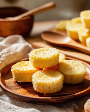 closeup shot ready to serve queijada on plate shallow  warm natural lighting studio background
