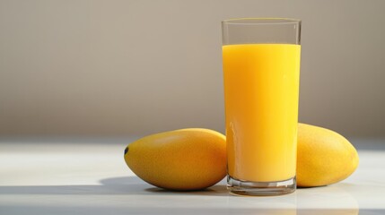 Refreshing Mango Juice in a Tall Glass with Fresh Ripe Mangoes on a Light Neutral Background for Healthy Fresh Fruit Drink Consumption and Summer Beverage