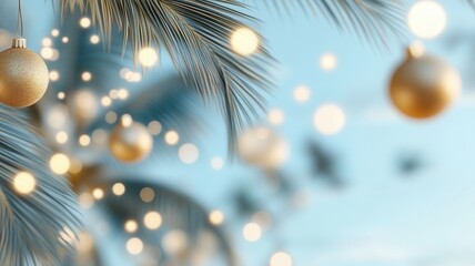 encircling orange christmas string lights Glowing palm tree trunk, creating bokeh effect against sunset sky during tropical holiday celebration