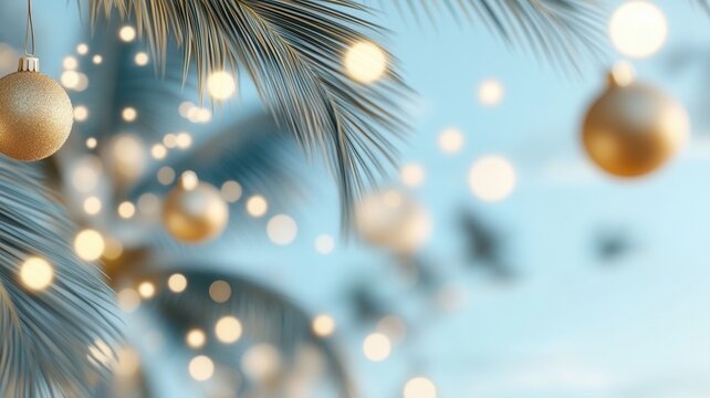 encircling orange christmas string lights Glowing palm tree trunk, creating bokeh effect against sunset sky during tropical holiday celebration - Powered by Adobe