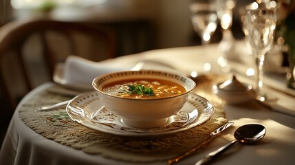 Elegant table setting with a bowl of warm tomato soup garnished with fresh herbs on a patterned plate, surrounded by glassware, cutlery, and white napkins in cozy dining ambiance