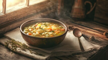 Rustic bowl of homemade vegetable soup with carrots potatoes green beans corn herbs on wooden table in warm cozy kitchen setting