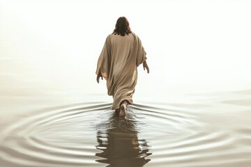 Back view of Jesus walking water ripple.