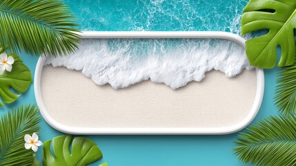 Tropical Beach Summer Vacation Paradise: Relaxing Ocean Waves, White Sand, Lush Palm Leaves