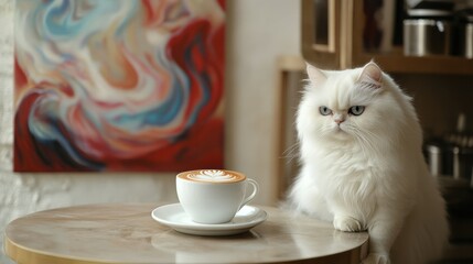 Cozy white long-haired cat sitting on wooden table near cup of coffee in modern kitchen with colorful abstract painting on wall, domestic animal lifestyle scene