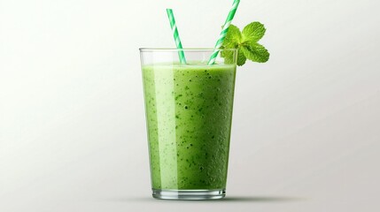 Refreshing green smoothie in a clear glass with two striped straws and a mint leaf garnish on a white background, healthy organic beverage, cold drink