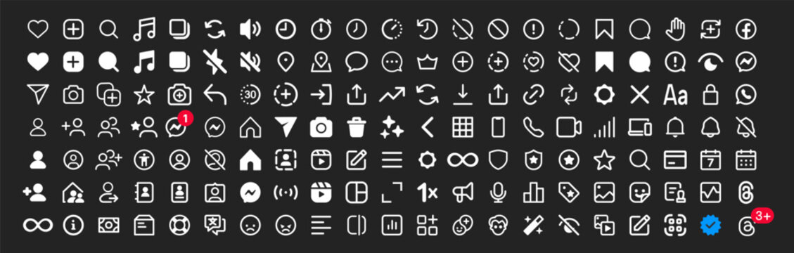 UKRAINE, KHARKIV, 10 JUNE 2025: Instagram collection set icons. Social media icon like, comment, follower, icons, instagram ui app interface icon set. Dark UI theme. Home, search, reel