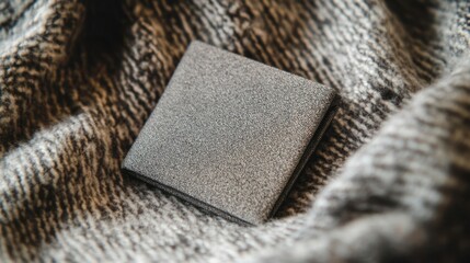 Close-up of a compact black rectangular wallet with textured surface resting on luxurious animal print fabric in a detailed interior shot showcasing fashion accessories and style