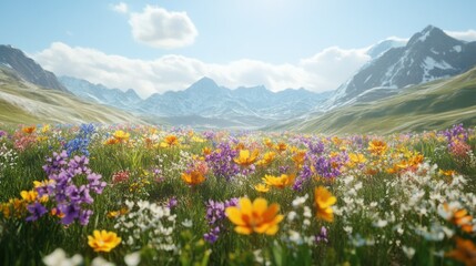 Vibrant wildflower meadow in a mountainous valley with colorful blossoms and lush green grasses under a partly cloudy sky du daytime