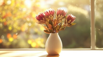 Elegant white ceramic vase filled with vibrant pink and yellow realistic artificial flowers on a ill illuminated by warm natural sunlight with blurred autumn background