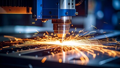 A laser cutting machine precisely engraves metal, scattering bright sparks in a factory setting.
