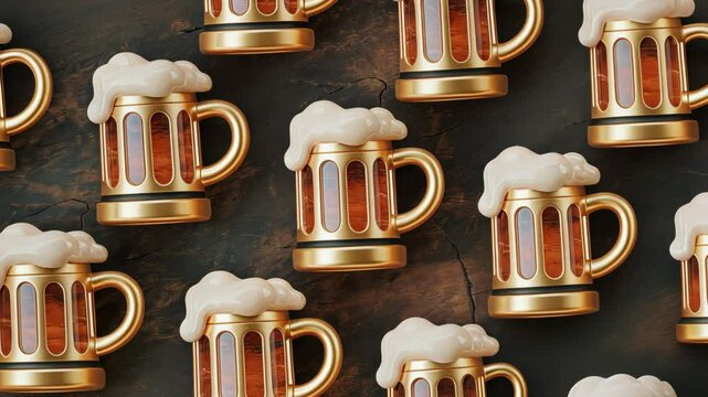 Multiple golden beer mugs filled with a refreshing beverage and topped with white foam.