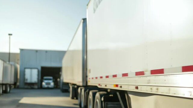A row of semi-trucks are parked outside a warehouse, prepared for delivery. The trailers exhibit a clean and modern design.