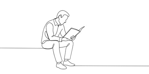 Continuous line drawing of a sitting man reading a magazine or book. Single-line young men reading life improve the book. The concept of study, thinking, finding new ideas, learning, and education.
