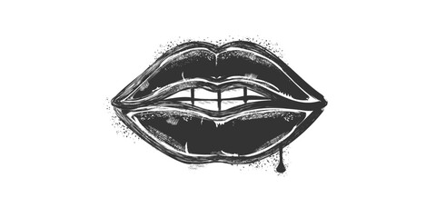 Spray paint graffiti element set of grunge woman LIPS with grungy texture. Grunge aesthetic ink graphic symbols of sexy woman lips and mouth isolated on white background for printing on tee