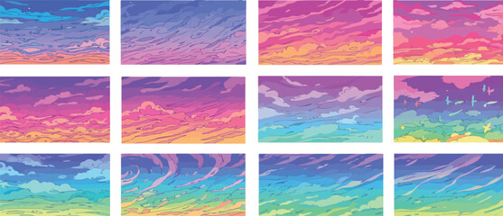 Dreamy Sky and Cloud Vector Set &ndash; Pastel Gradient and Line Art Style

