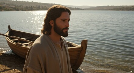A man, Jesus Christ, stands near a boat on a lake shore looking into distance. Biblical character. Concept for christian faith and religion.