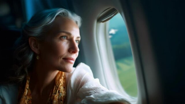 Woman by illuminator looking out from airplane window, concept of travel, journey, summer, journey.