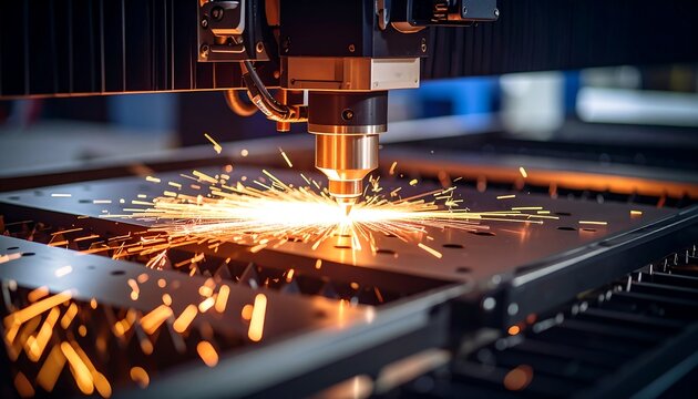 Automated laser cutting process with vibrant sparks and precise metallurgical milling in progress.